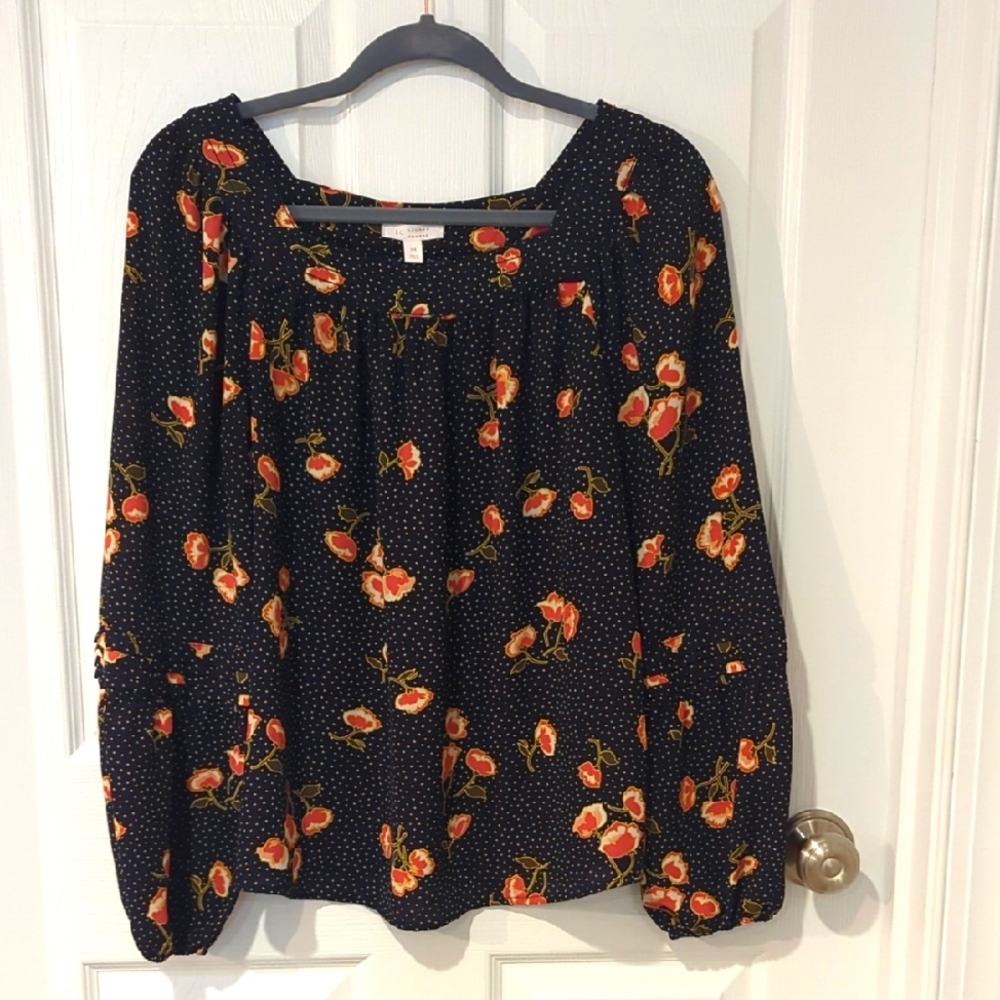 LC Lauren Conrad Navy Blouse with Mauve Floral Design